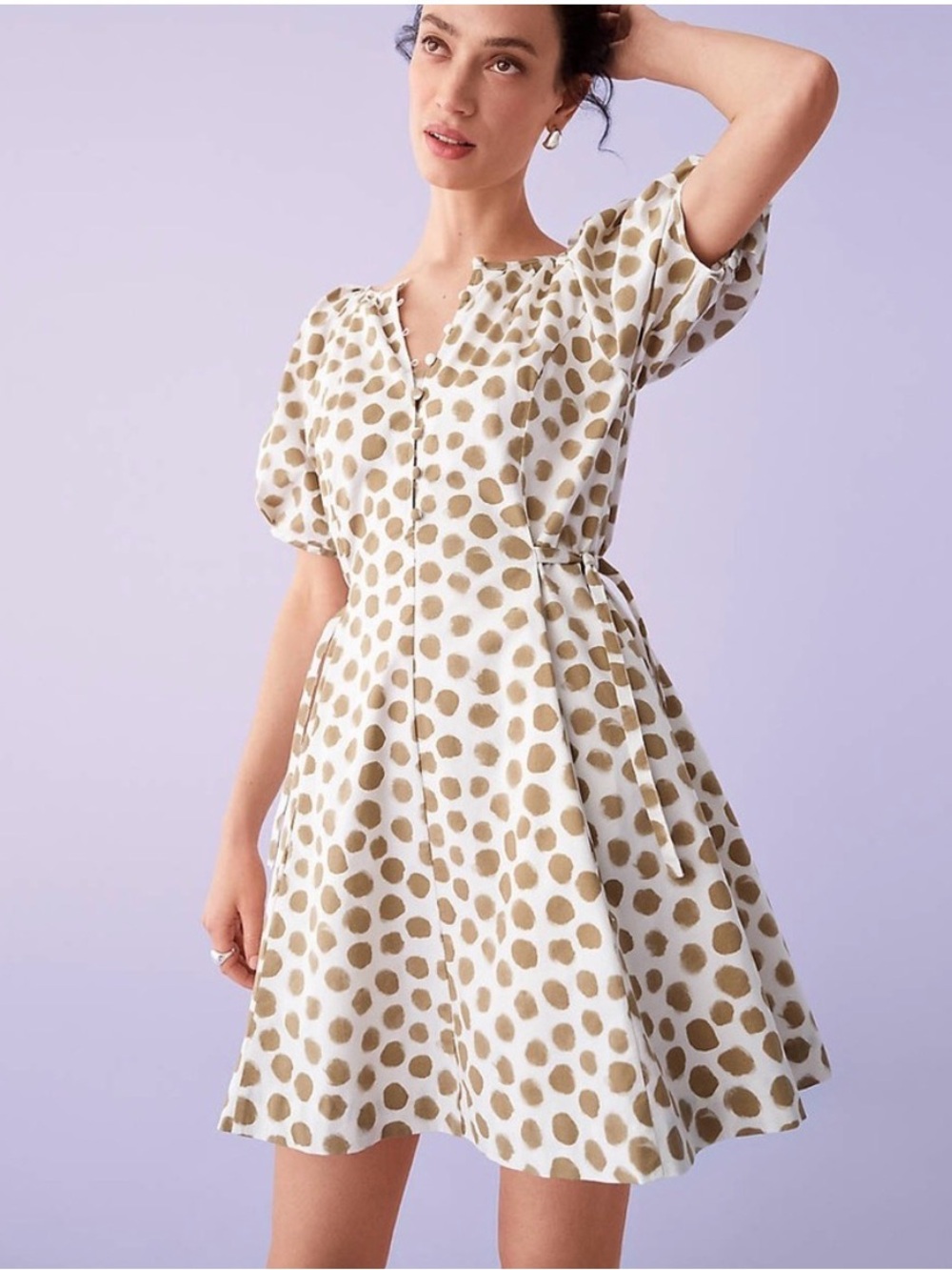 LOFT Beige Polka Dot Puff-Sleeve Mini Dress